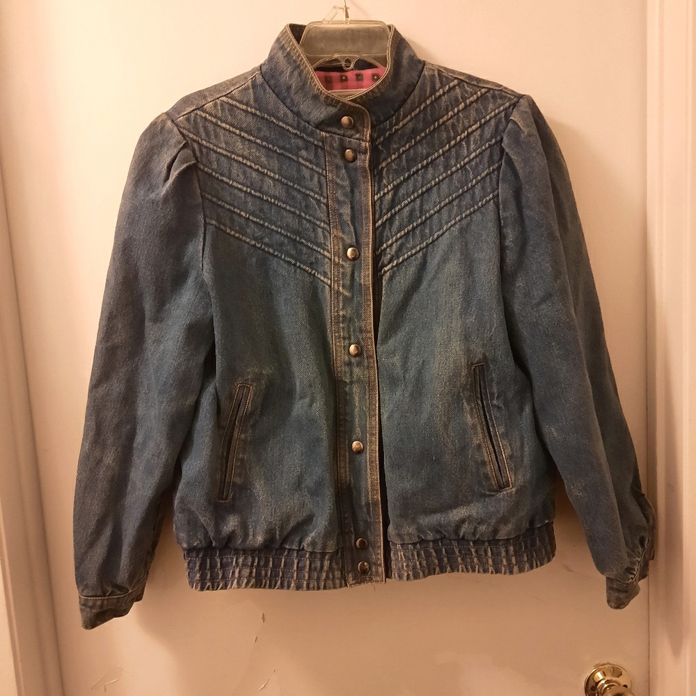Vintage 80s Puff Sleeve Denim Bomber Coat Jacket